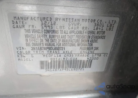 2013 Nissan Sentra Sr из США, поврежденный, VIN 3N1AB7AP9DL650721